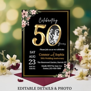 金色の結婚50周年記念招待状、ブラックゴールドの結婚50周年記念カード、50年間の愛、写真付きデジタル50周年記念パーティー
