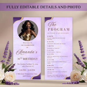 Modelo de cartão de programa editável, programa de festa de aniversário roxo, programa de evento formal, programa de agendamento de aposentadoria, cartão para impressão com foto