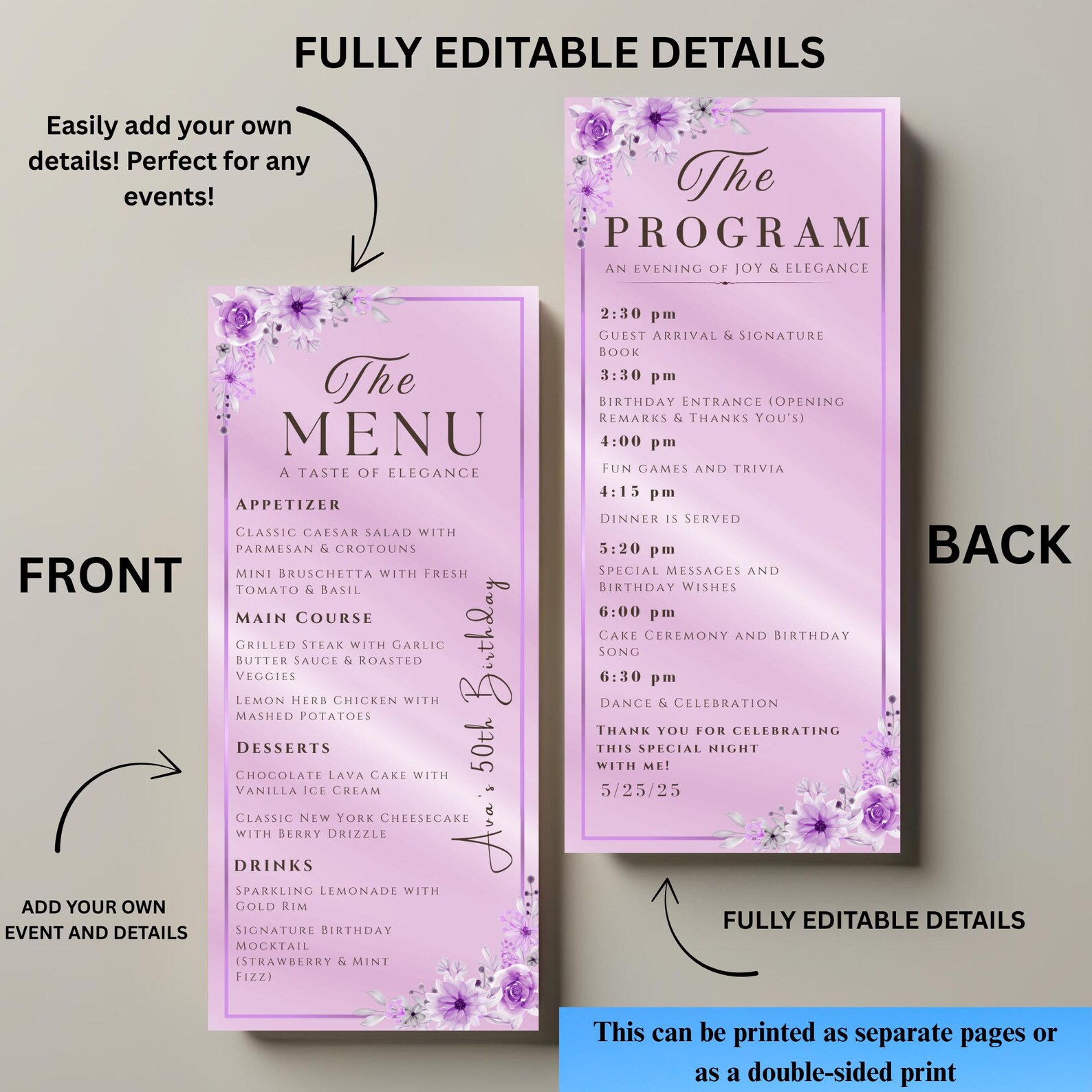 Purple Menu and Program Template Birthday Party Menu Dinner, Retirement ...