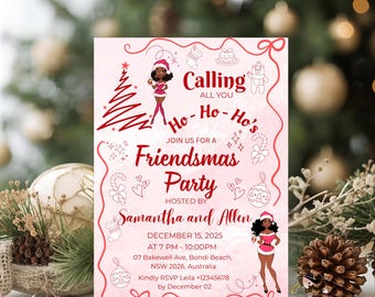 Może przedstawiać: Różowe zaproszenie na imprezę Friendsmas z czerwonym tekstem i ilustracjami. Zaproszenie zawiera tekst "Calling All You" i "Ho-Ho-Ho's". Impreza organizowana jest przez Samanthę i Allena 15 grudnia 2025 o godzinie 19:00.