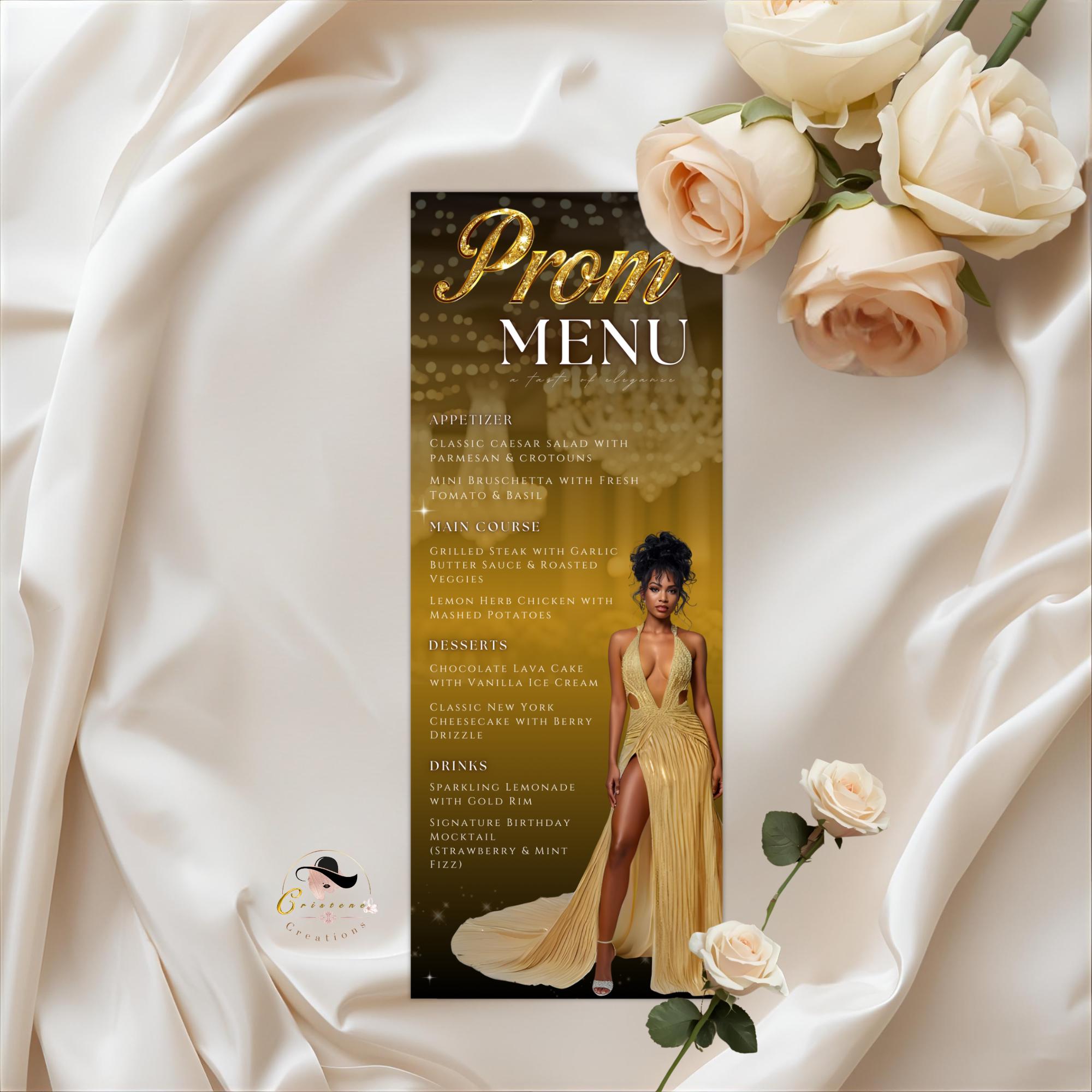 Prom Menu Italian Black Gold Prom Send off Menu With Photo, Prom Queen Menu Card, Girl ...
