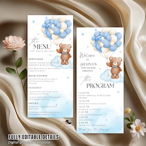 Può includere: Modello di menu e programma per baby shower con design ad acquerello. Il menu presenta un orsacchiotto che tiene dei palloncini e il programma include i dettagli dell'evento. Il design è nei toni del blu e del bianco.
