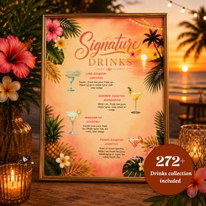 Cocktailmeny för solnedgångssoiree, skylt för tropiska signaturdrinkar, sommarmeny för poolbar, födelsedagsskylt, redigerbar Canvas-mall