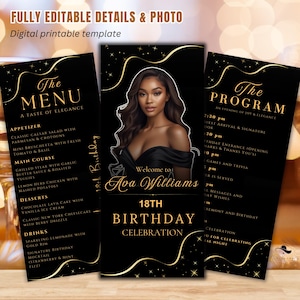 Plantilla de menú y programa editable Menú de cumpleaños en dorado negro con imagen Tarjeta de menú de cena imprimible, Menú tríptico para fiesta de programa de aniversario