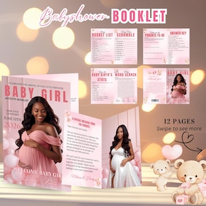 Roze activiteitenboekje babyshower, babyshowergamebundel teddybeerthema, tijdschriftstijl met foto afdrukbare sjabloon feestdecoratie
