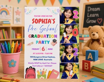 Invito per la festa di diploma della scuola materna con foto, invito per la festa di diploma della scuola dell'infanzia, modello stampabile modificabile su Canva per la festa di diploma della classe del 2026.