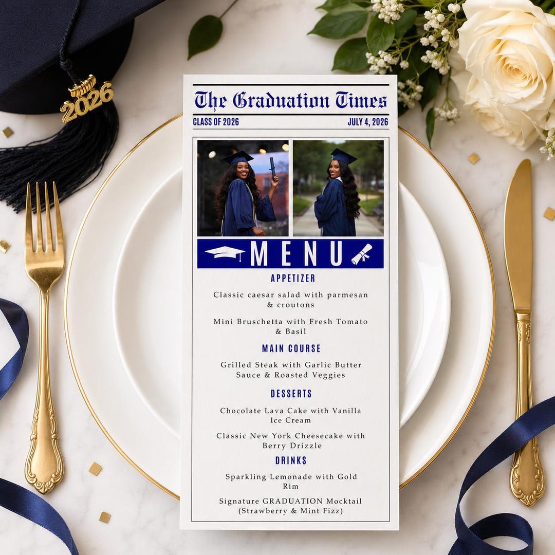 Grad Balloon Menu Blue Graduation Newspaper Menu Template, Senior Grad Party Menu Class ...
