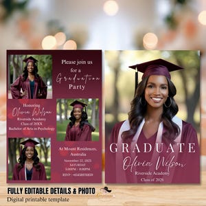 May include: A graduation party invitation featuring a maroon and white design. The invitation includes photos of a graduate in a maroon cap and gown. The text reads "GRADUATE Olivia Wilson" and "Class of 2026". The invitation is a digital printable template.