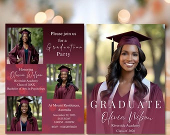 Maroon Graduation Announcement 2026 Invitation, Female Senior Grad Party Invite with photo, Burgundy College Graduation Day Digital Template