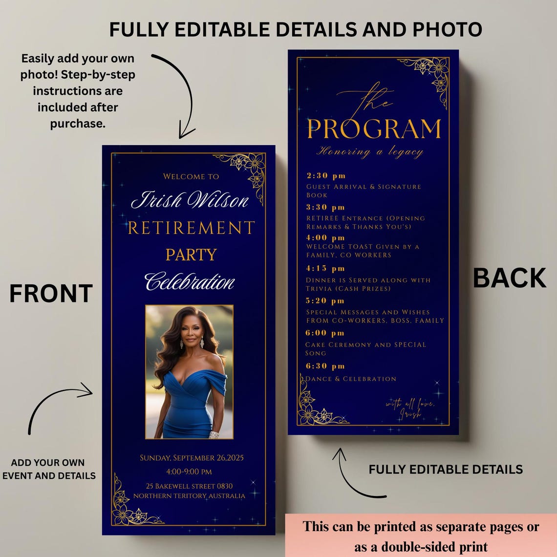 Blue Gold Retirement Party Program Template, Photo, Printable (digital ...