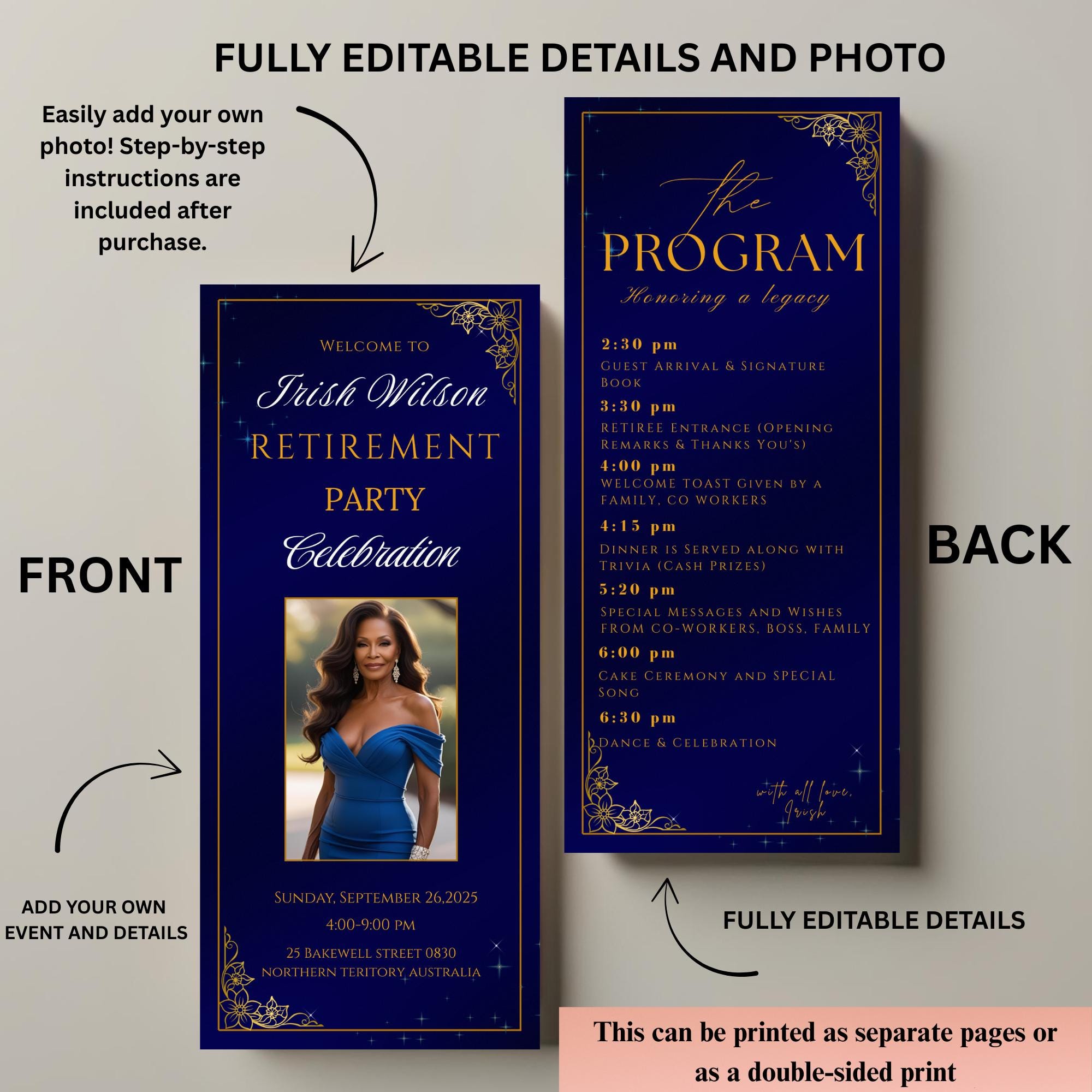 Blue Gold Retirement Party Program Template, Photo, Printable (digital ...
