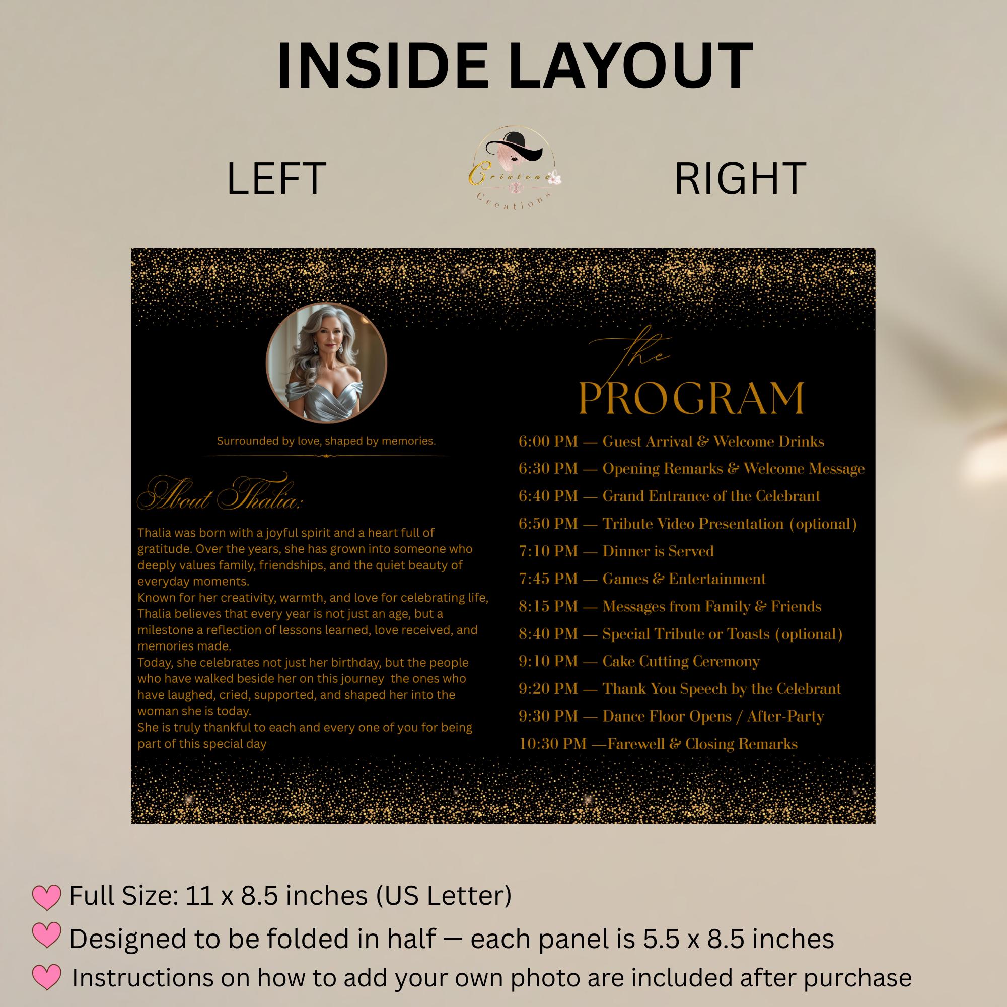 Editable Program Template Black Gold Bifold Birthday Program Card With ...