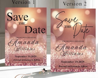 Cyfrowe zaproszenie na przyjęcie urodzinowe Save the date, różowe złoto, karty Save the date, eleganckie zaproszenie na 16 urodziny Save the date, szablon do druku