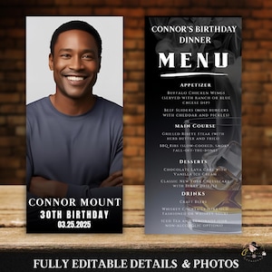 Plantilla de menú de cumpleaños para hombres, menú de cena para fiesta con foto, tarjeta de menú imprimible para hombres, menú de comida para despedida de soltero, menú de whisky para niños