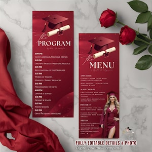 Peut inclure: Un modèle numérique imprimable de programme et de menu de remise de diplômes. Le programme et le menu sont sur un fond rouge avec un design de toque et de parchemin. Le menu comprend des entrées, des plats principaux, des desserts et des boissons.