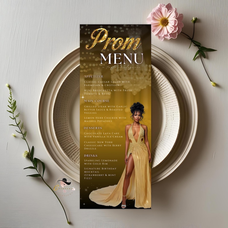 Editable Prom Party Menu With Photo Black Gold Glam Senior Ball Menu ...