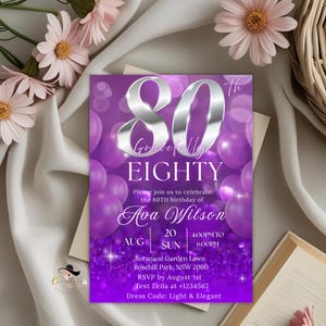 Convite digital para 80º aniversário, cartão roxo para a avó, convite para a mãe, jantar de aniversário de 80 anos, modelo de convite para festa no jardim