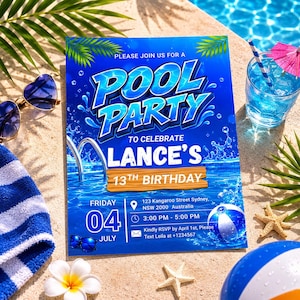Inbjudan till tonårspoolparty, neonfärgad splash party, 13-årsdag (digital mall)