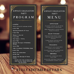 Modelo de cardápio e programa de formatura, cartões de cardápio em ouro preto, programa de evento de aniversário, cardápio para jantar, cardápio de comida dobrável para impressão digital