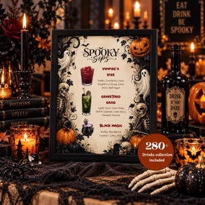 Halloween-Getränkeschild, Gruselige Cocktailkarte, Tischschild für Signature-Drinks, Hexen-, Geister-, Skelett- und Kürbisparty, Bearbeitbare Druckvorlage