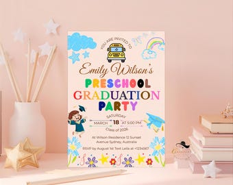 Vorschule Abschlussfeier Einladung, Kindergarten Klasse von 2026 einladen, Kinder Party Canva Vorlage, digital druckbare Karte