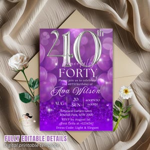 Invitation 40e anniversaire femme violet 40e anniversaire carte à dîner invitation imprimable, numérique 40 et fabuleux modèle de fête de thé quarante anniversaire
