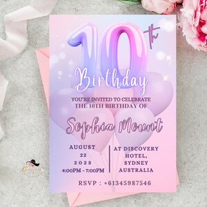 10th Birthday Invitation Girl, Pink Purple TEN Birthday Party Invite, Digital and Printable, Editable Template, Birthday Card for Daughter
