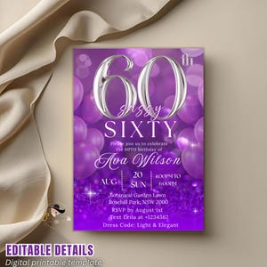 Invitación digital de 60 cumpleaños para mujer, tarjetas de 60 cumpleaños de color morado y plateado para una abuela de sesenta años, invitación a una cena de 60 cumpleaños