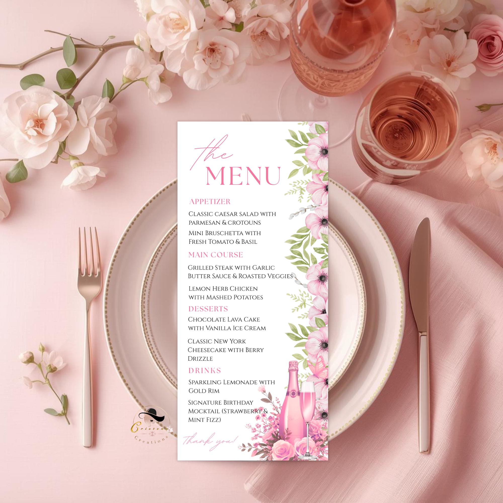 Pink Flowerbackdrop Menu Floral Menu Template, Pink Flowers, Elegant Printable (canva Editable ...