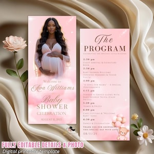 Könnte beinhalten: Eine rosa Babyparty-Einladungs- und Programmvorlage. Die Einladung zeigt ein Foto einer schwangeren Frau und den Text "Welcome to Ava Williams Baby Shower Celebration August 11, 2025." Das Programm listet den Veranstaltungsplan auf.