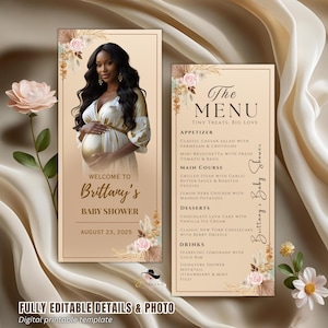 Könnte beinhalten: Ein Set aus Babyparty-Einladung und Menükarte. Die Einladung zeigt eine Frau in einem goldenen Kleid mit dem Text "Welcome to Brittany's Baby Shower" und dem Datum. Die Menükarte listet Vorspeisen, Hauptgerichte, Desserts und Getränke auf.