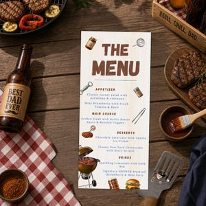 May include: A wooden table setting featuring a menu, grilled steaks, and a beer bottle with "Best Dad Ever" on the label. The menu details appetizers, main courses, desserts, and drinks. A red and white checked cloth is visible.