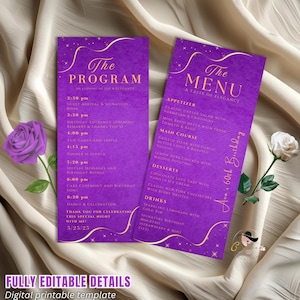 Pode incluir: Dois modelos roxos para eventos com detalhes dourados. Um é um programa, o outro um menu, ambos com fontes elegantes. O programa lista a programação e o menu detalha a refeição. O texto "FULLY EDITABLE DETAILS" está na parte inferior.