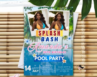 Invitation modifiable pour une fête à la piscine, une soirée aquatique, un 30e anniversaire, une invitation avec photo (modèle Canva)
