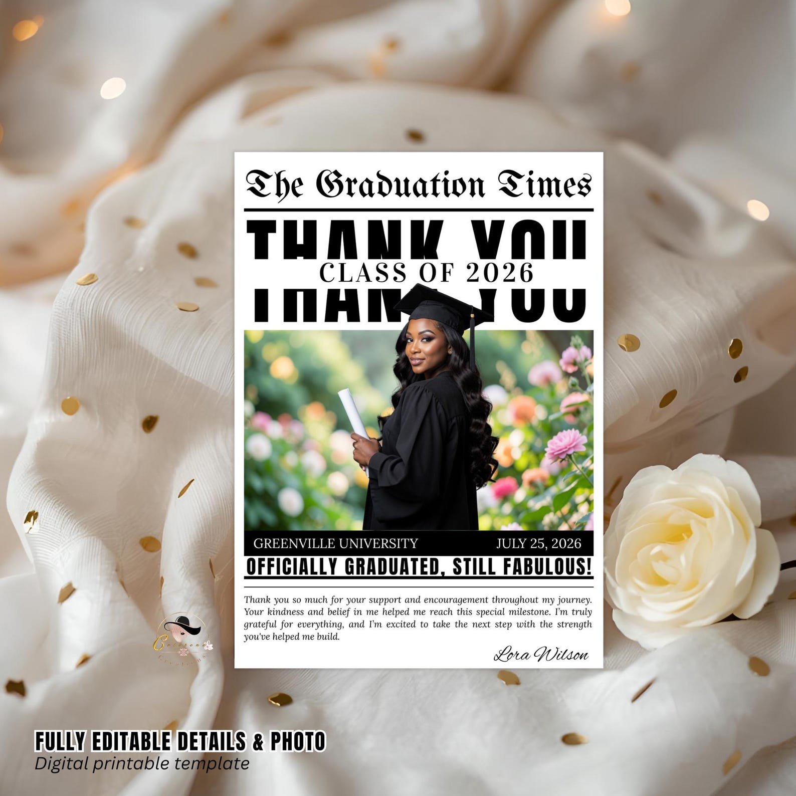 Notes For Graduates Newspaper Graduation Thank You Card With Photo, Senior Grad Party Thank ...