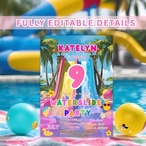Waterslide Geburtstagseinladung Mädchen Pink 9. Geburtstag Pool-Party einladen Waterpark bash Vorlage Kinder-Sommer-Geburtstags-Einladung Druckbare Karte
