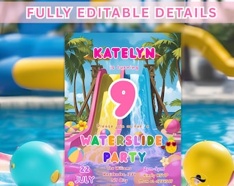 Pink Waterslide Birthday Invitation, Girl Pool Party Invite, Waterpark Invitation, Splish Splash invite, Digital Printable Template