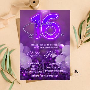 Sweet 16 Einladungen, lila 16. Geburtstag Einladungskarte, Digital Printable Party einladen für 16 Jahre altes Mädchen, sechzehn Geburtstag Tochter