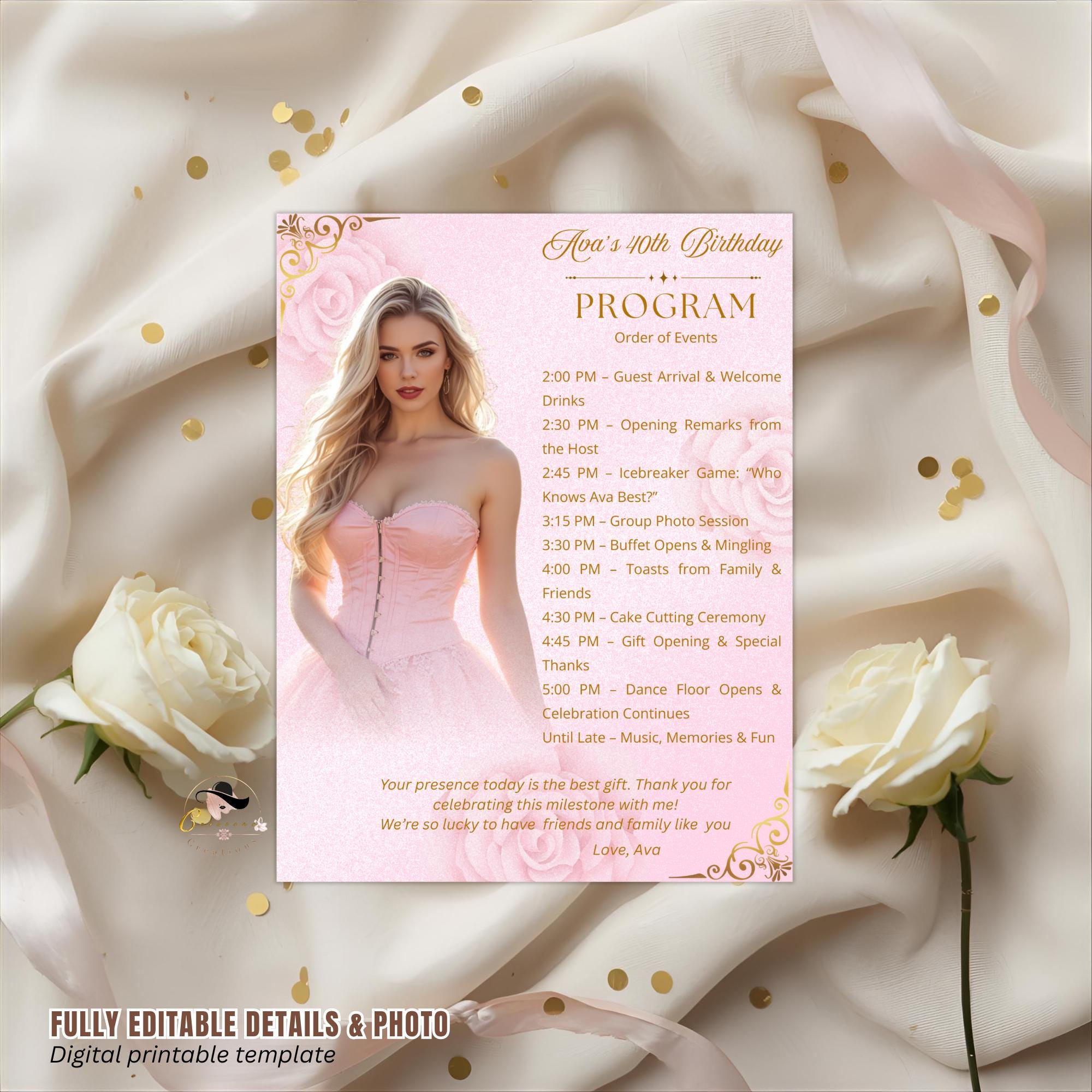 Pink Floral Program Template With Photo, Birthday Retirement Event ...