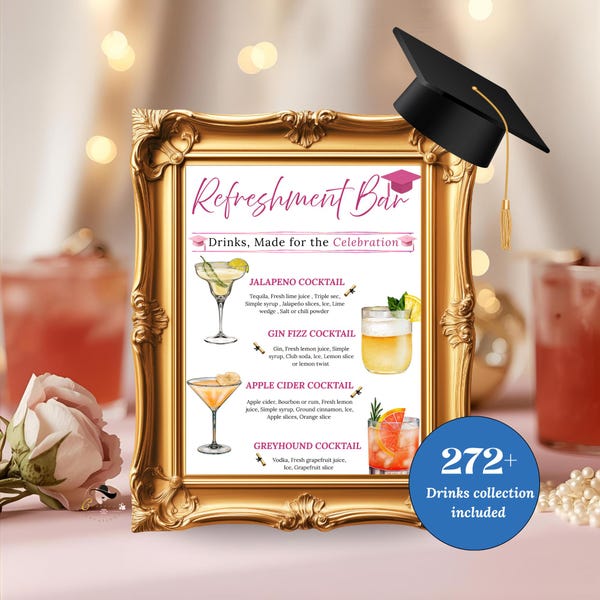 Graduation Drink Sign Template, Signature Drinks Bar Menu, Class of 2026 High School College Grad Party Drinks, Editable Canva Printable