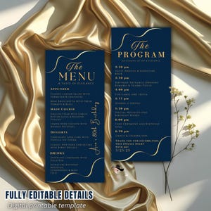 Könnte beinhalten: Marineblaue Menü- und Programmkarte mit goldenem Text und Akzenten. Die Speisekarte listet Vorspeisen, Hauptgerichte, Desserts und Getränke auf. Das Programm skizziert den Ablauf der Veranstaltung. Der Text "Fully Editable Details" befindet sich unten.