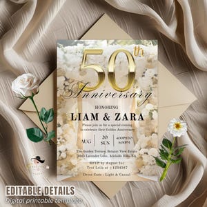 May include: A gold-coloured 50th anniversary invitation with floral accents. The invitation reads "50th Anniversary" and honours Liam & Zara. Details include date, time, and location. The words "Editable Details" and "Digital printable template" are also visible.