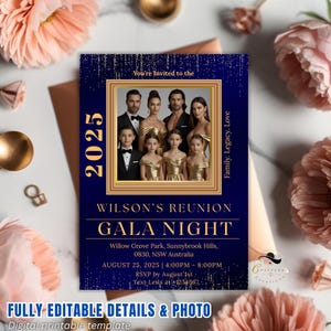 Digital Family Reunion invitation Family gathering BBQ invitation with photo Navy Blue gold Family Reunion Gala party invite Printable card