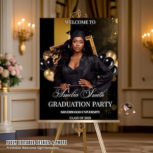 Graduation Welcome Party Sign Black Gold, Woman Graduates Poster Sign with photo 2026 Men Senior Graduation Announcement Entry Sign Template