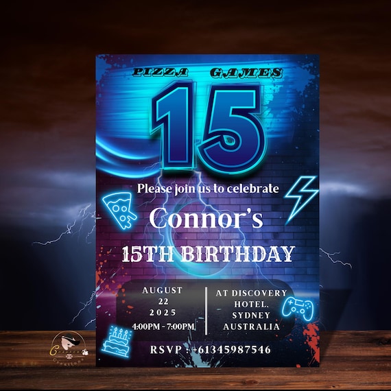 15th Birthday Invitation for Boys, Blue Black Gamer Theme, Digital Printable Fifteen Party Invite, Male Birthday Card, Bruh You In Template
