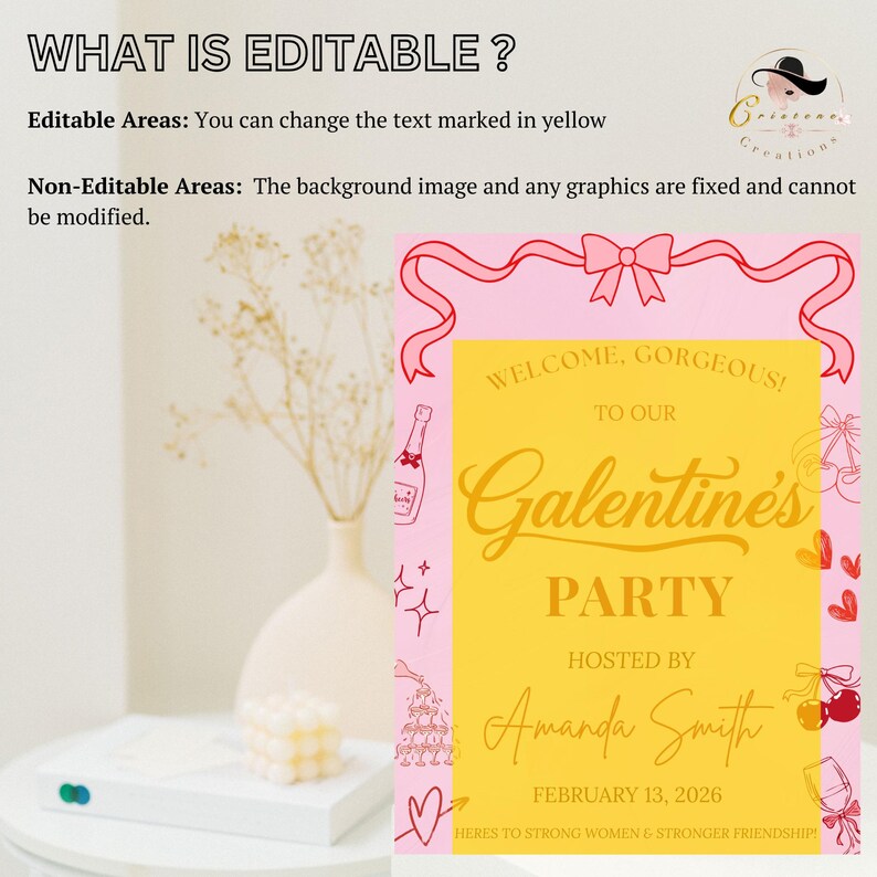 This listing photo highlights what is editable and what is not. Please refer to the instructions in the image for details.