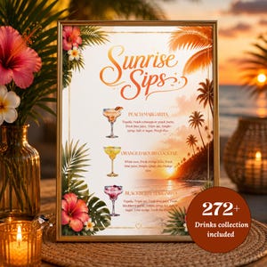 Tequila Sunrise Drink Menyskylt, Tropisk Cocktailbarmeny, Sommar Signaturdrinkar vid Poolen, Födelsedagsfestdekor, Redigerbar Canvasmall