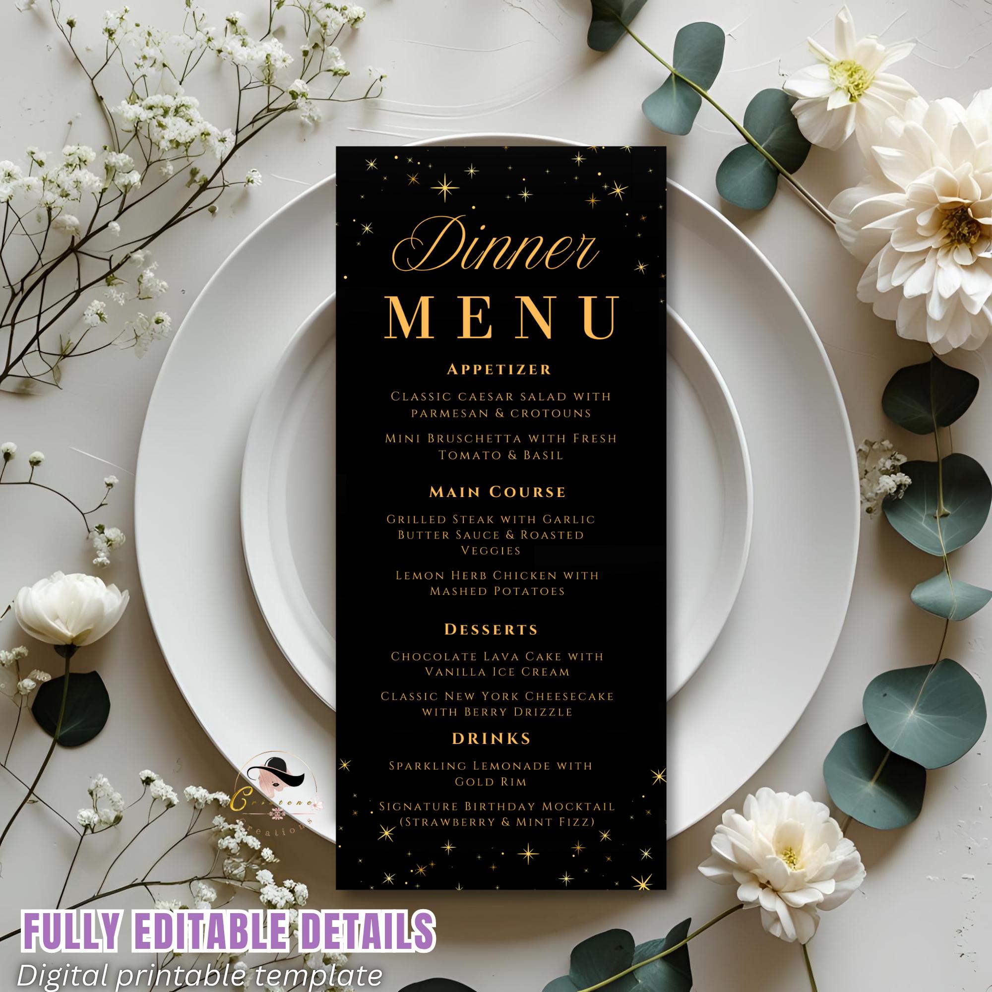 Editable Dinner Party Menu Template Black Gold Menu Cards Printable ...