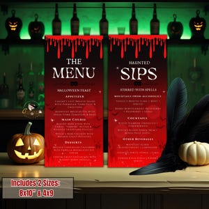 May include: A Halloween-themed menu and drinks list with a red and black color scheme. The menu includes appetizers, main courses, and desserts. The drinks list features mocktails and cocktails. The image includes the text "The Menu" and "Haunted Sips".