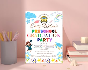 Vorschul-Abschluss-Einladung, Kindergarten Pre K Abschluss-Einladung, Kinderklasse von 2026 Party, bearbeitbare Canva digital druckbare Vorlage